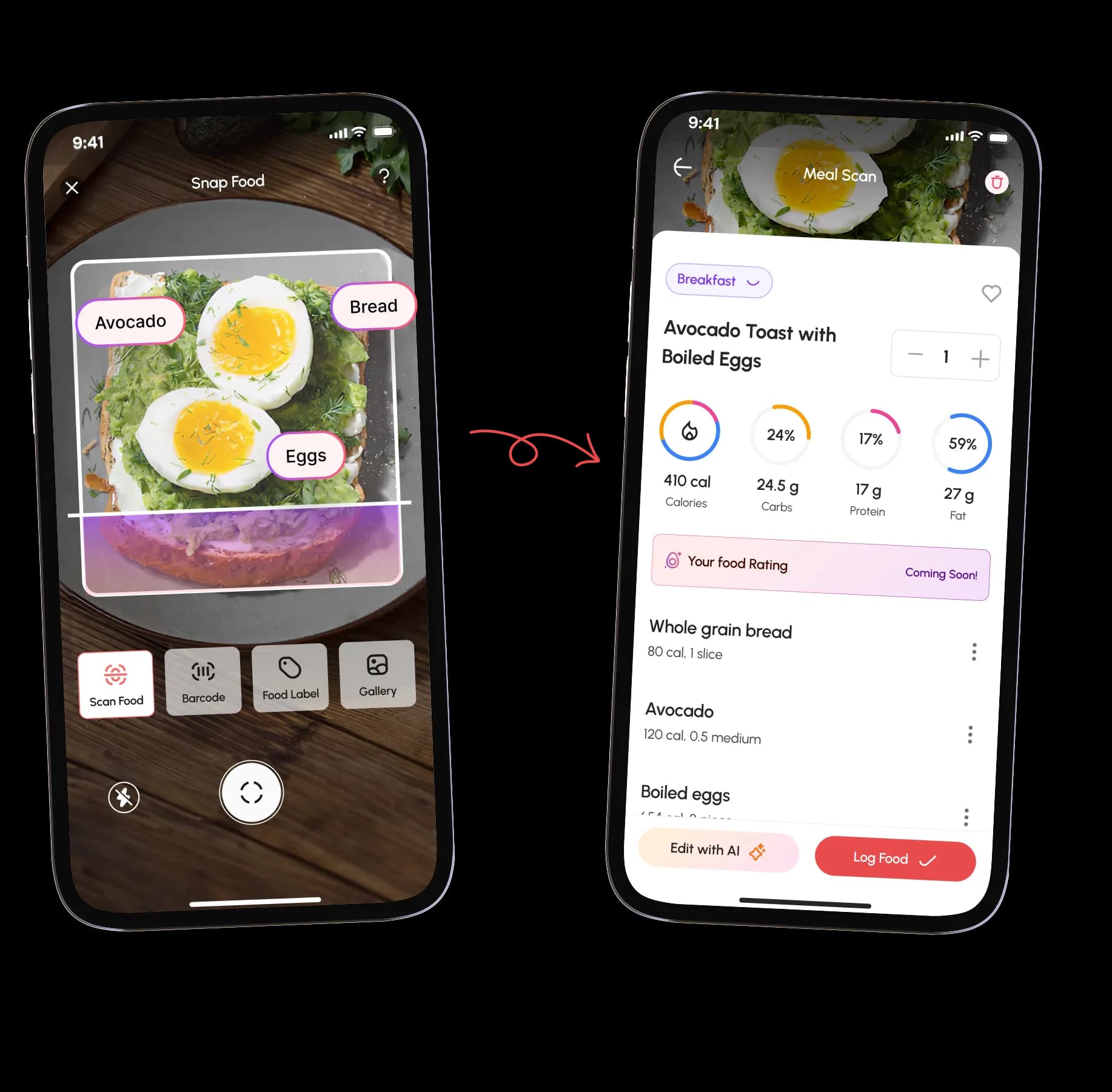 Yogwe AI meal scanner showing food tracking, calories, macros, and nutritional breakdown
