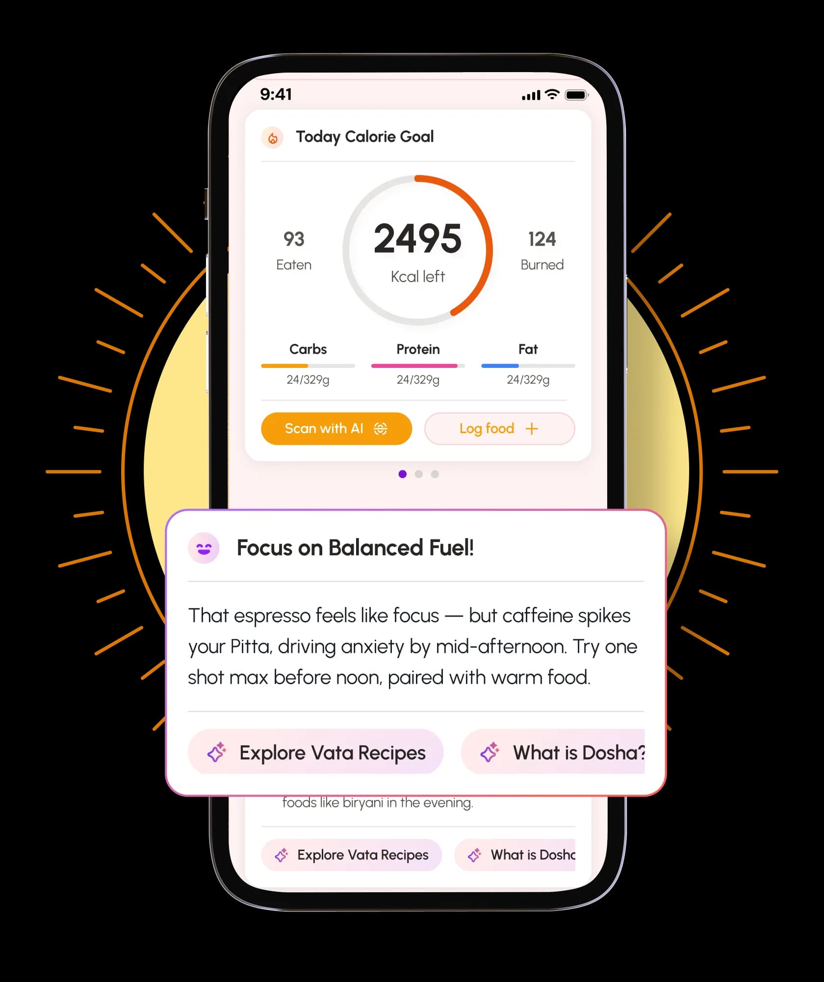 Yogwe app showing today's calorie goal dashboard with 2495 kcal remaining, AI meal scan feature, and personalised Vata-aligned insight: Focus on Balanced Fuel